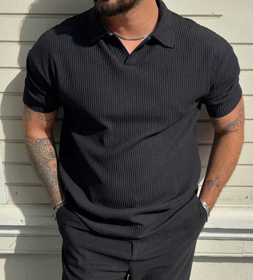 Men Striped Open Neck Polo